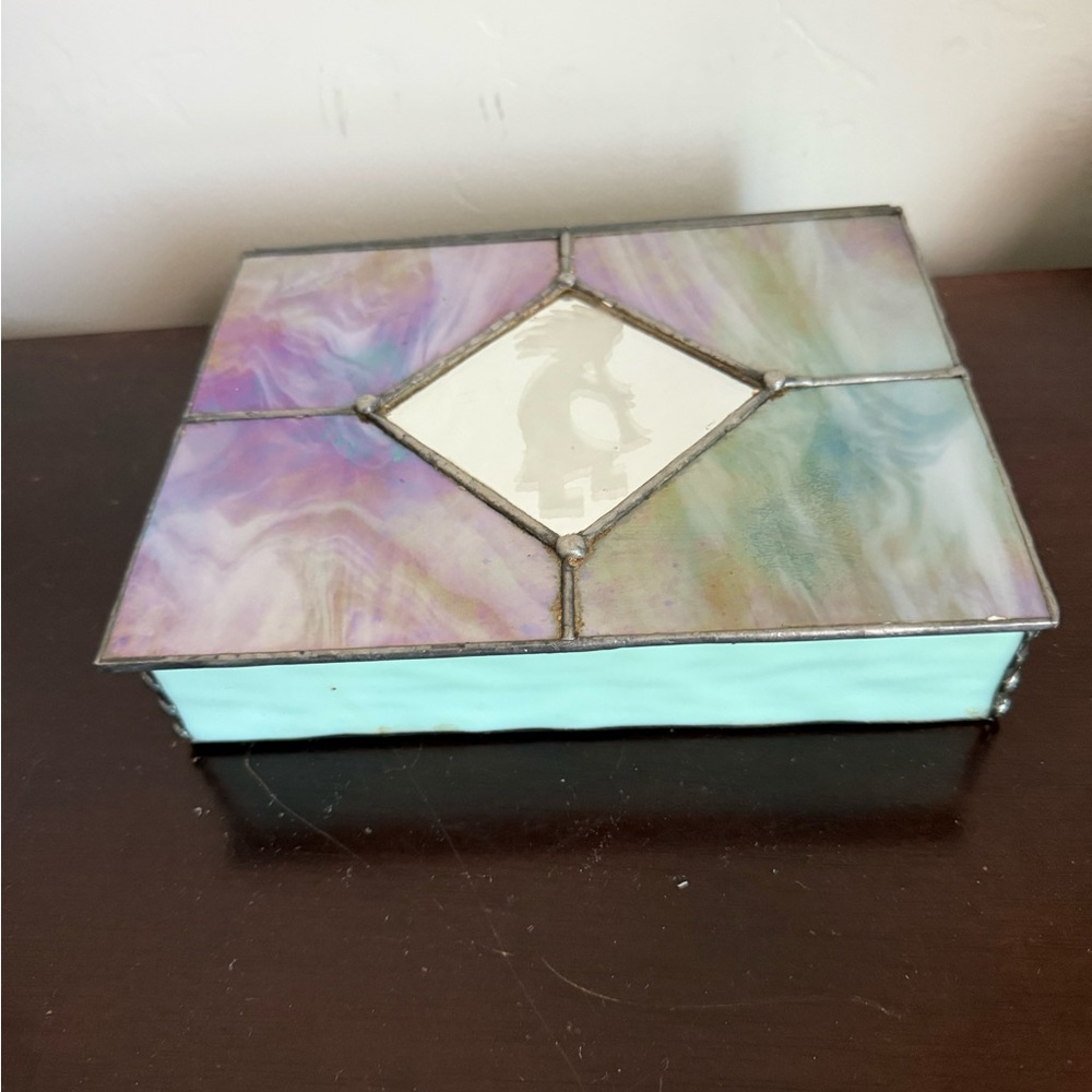 Irridescent Blue Stained Glass Trinket Box Kokopelli & Mirror Lining Made AZ USA